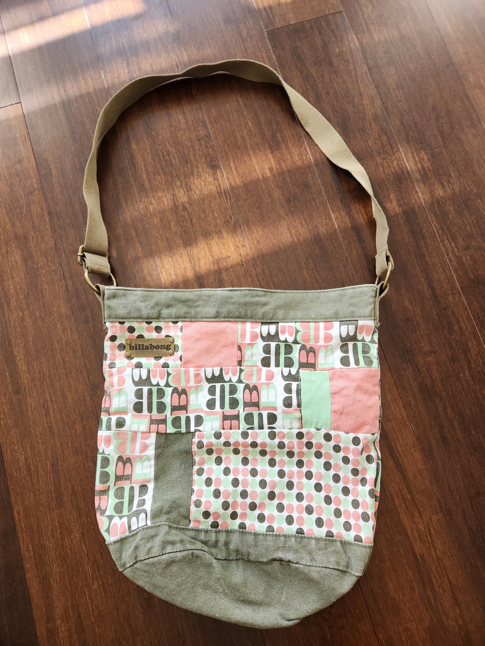 Vintage Y2k Billabong Green and Pink Patchwork Canvas Adjistable Strap Hobo Bag